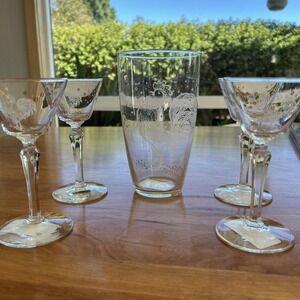 Vintage Libbey Glass Chanticleer Rooster Cocktail Set Shaker 5 Glasses MCM